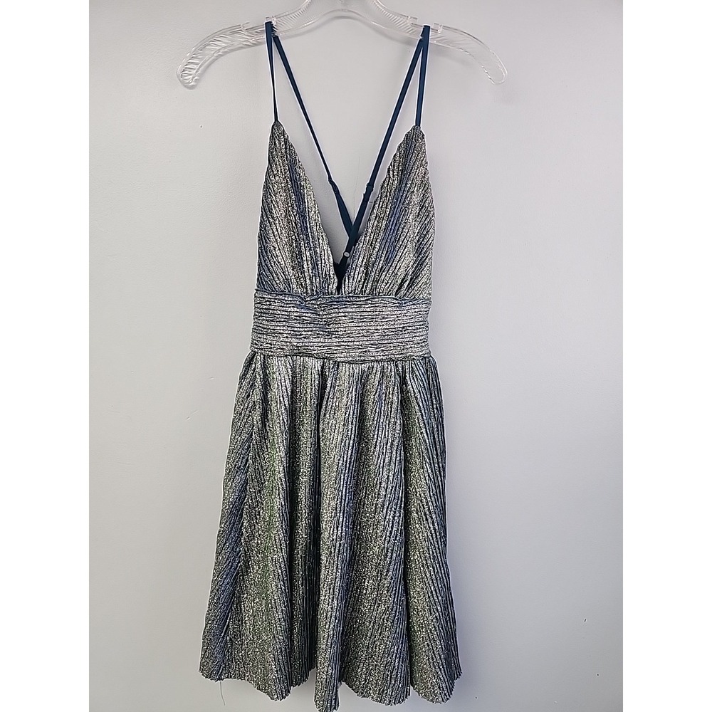 Lulus S Blue Green Teal Glitter Metallic Plunging Neck Strappy Mini Skater Dress